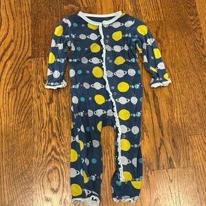 Size 6-9 Months KICKEE pants coverall blue space button up. Good used condition